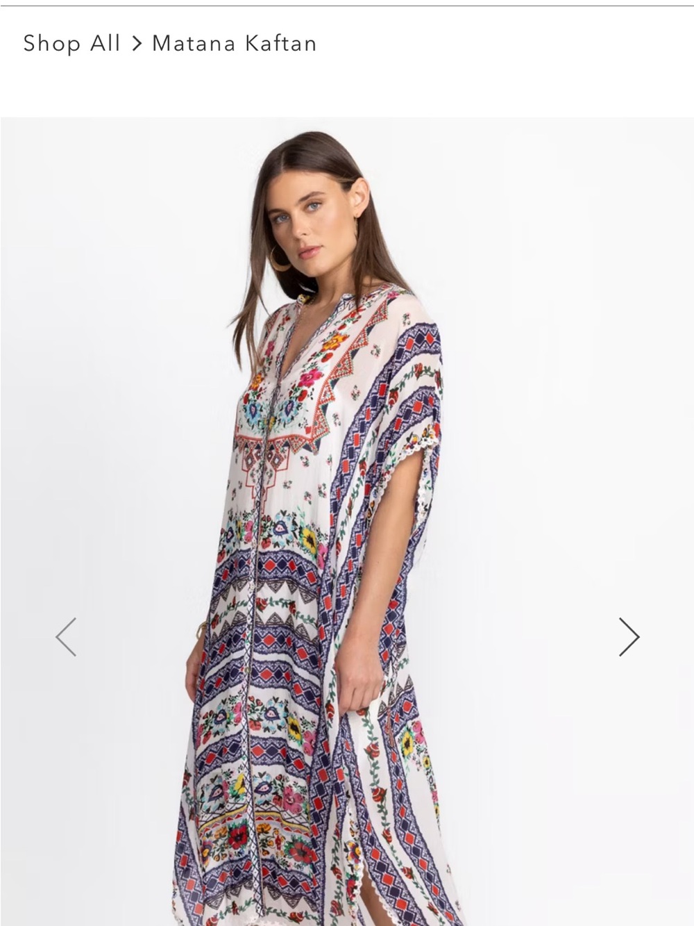 Johnny Was White Maxi Kaftan with Multicolor Floral & Blue Border